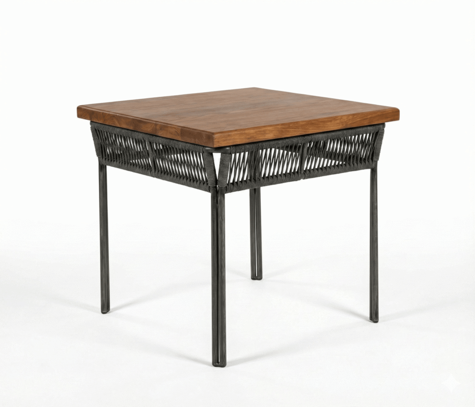 Outdoor table with treated steel and rope frame