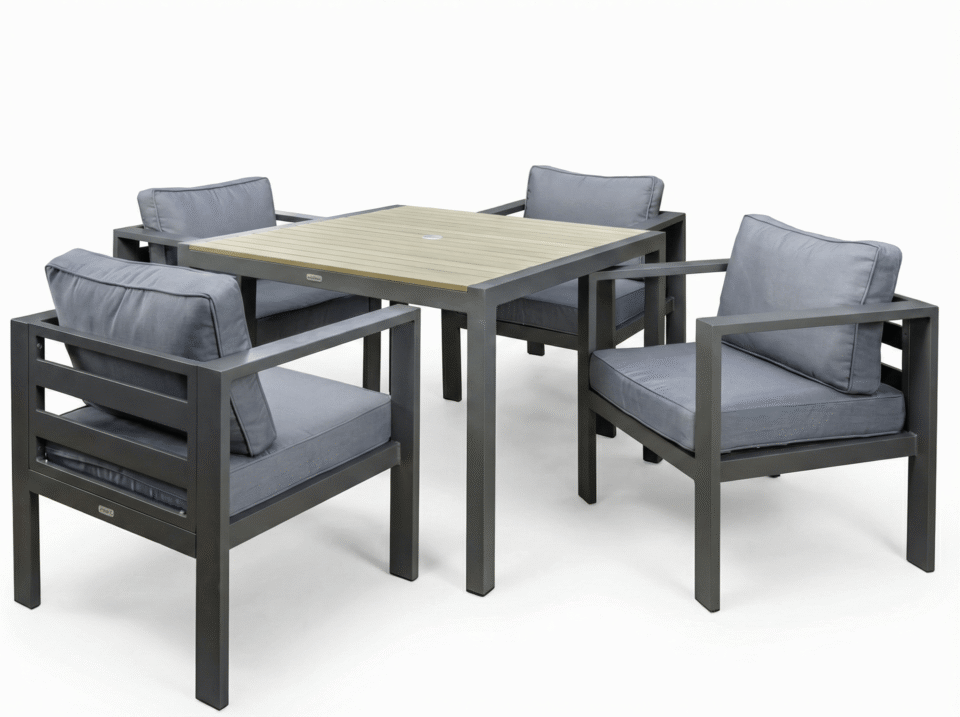 Outdoor steel seating set with linen cushions – 5 pieces