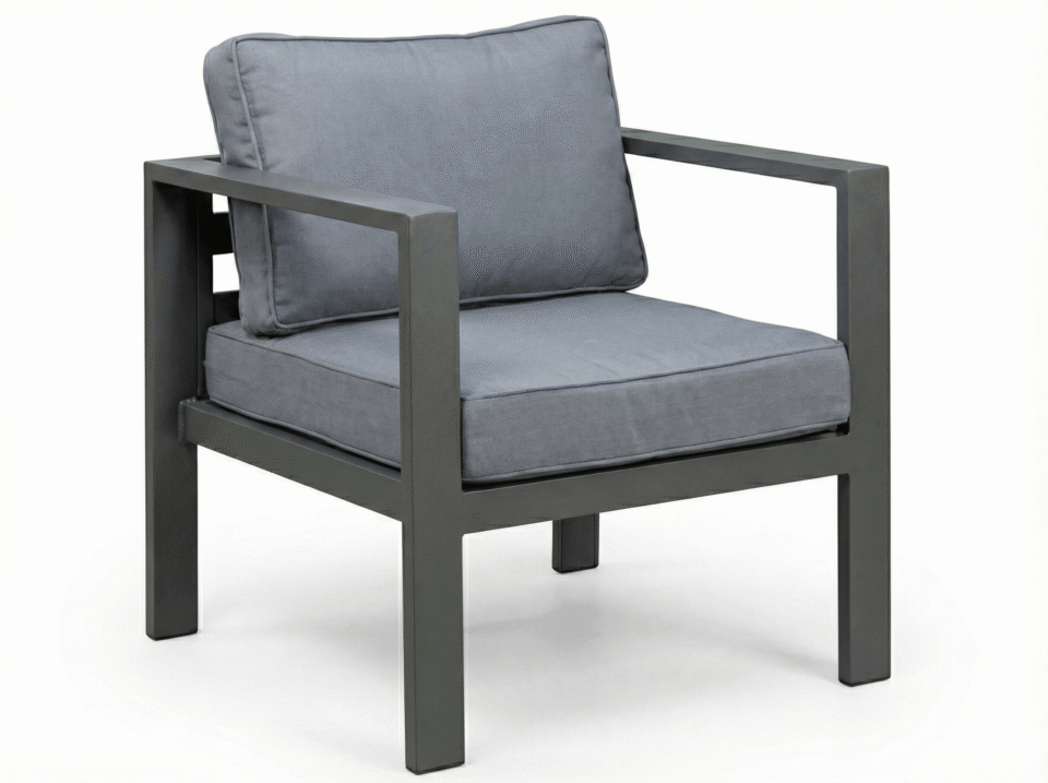 Outdoor steel chair with linen cushions