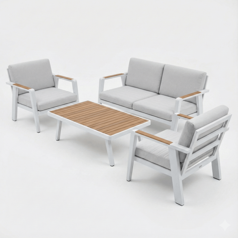 Outdoor steel seating set with linen cushions – 4 pieces