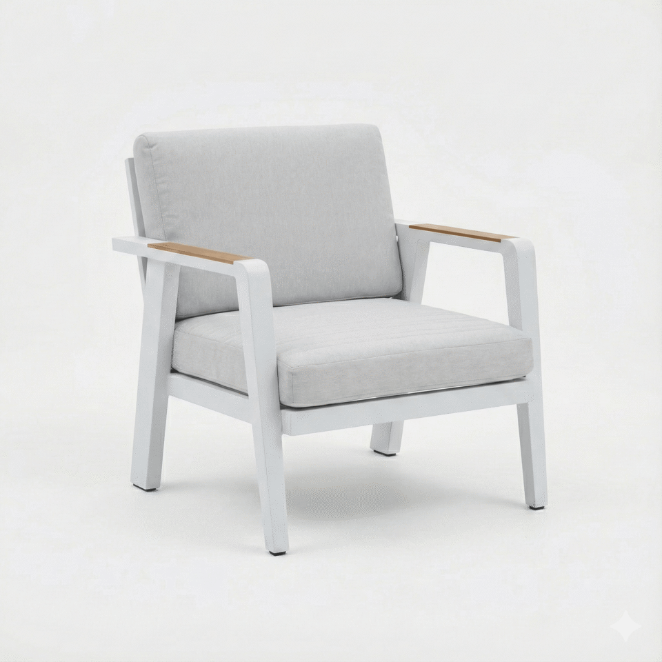 Outdoor steel chair with linen cushions