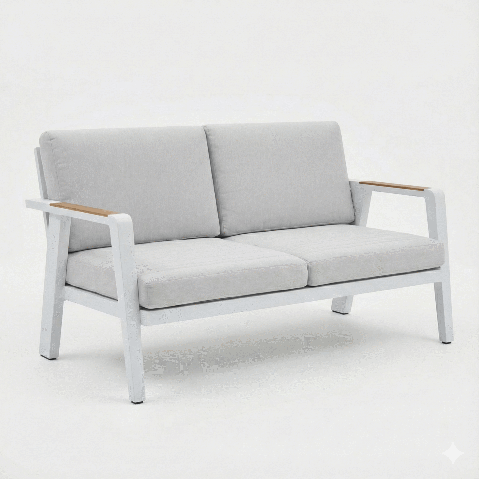 Outdoor steel sofa with linen cushions