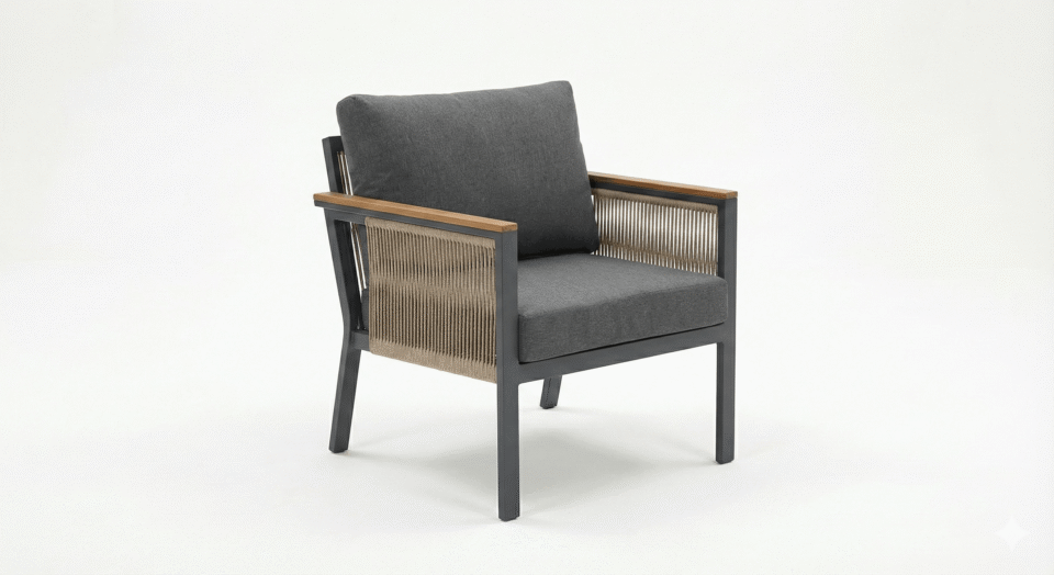 Outdoor steel chair with linen and rope