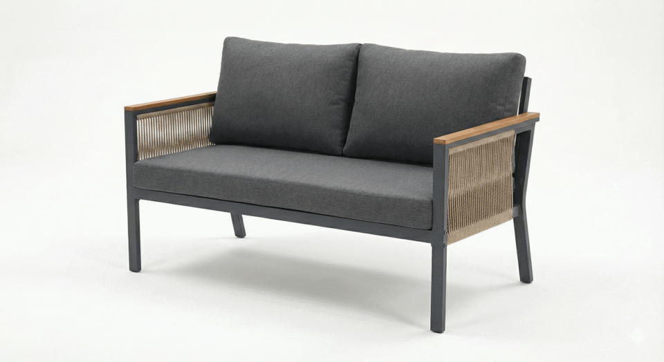 Outdoor steel sofa with linen and rope