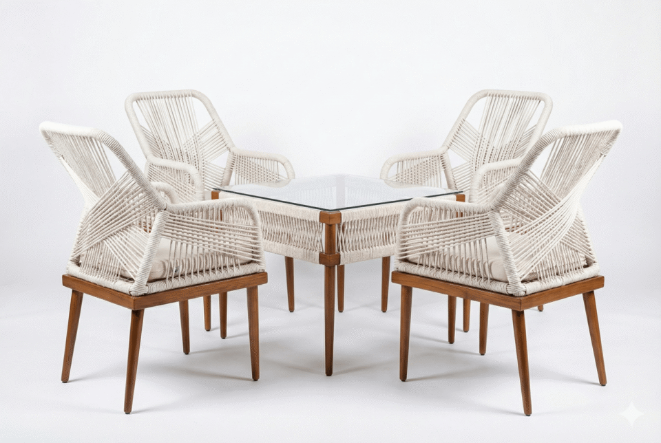 Outdoor steel seating set with rope and clear glass