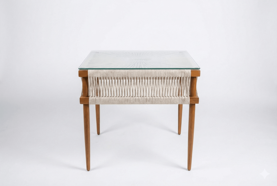 Outdoor steel table with clear glass top