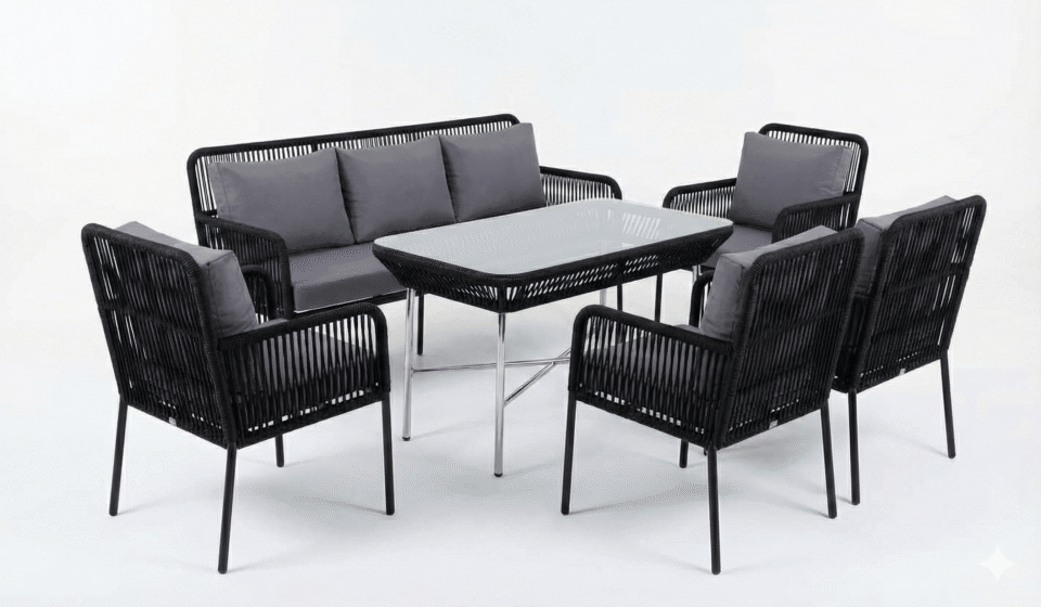 Outdoor steel seating set with linen cushions – 6 pieces