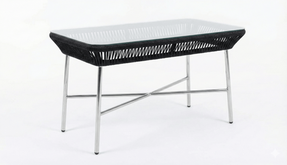 Outdoor rectangular steel table with clear glass