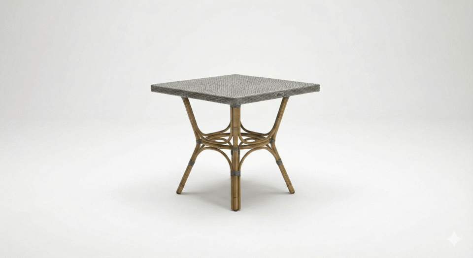 Outdoor steel table with clear glass top